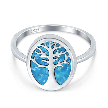 Oval Tree of Life Ring Lab Created Blue Opal Rhodium Plated 925 Sterling Silver